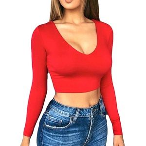 NEW Red V-Neck Long Sleeve Crop Top